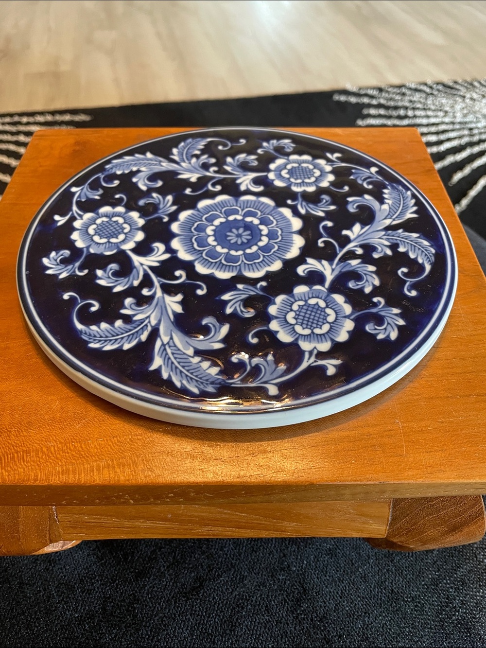 Vintage Pier 1 Imports Mandarin Cobalt Blue and White Floral Ceramic Trivet
